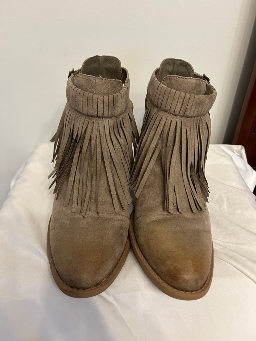 Maurice’s Fringe Suede Ankle Boots - Taupe size 9